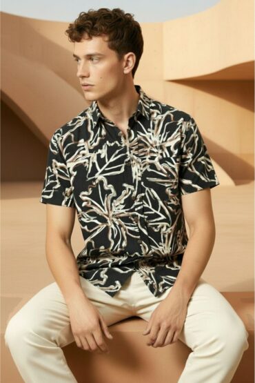 Black Floral Print Shirt for Men