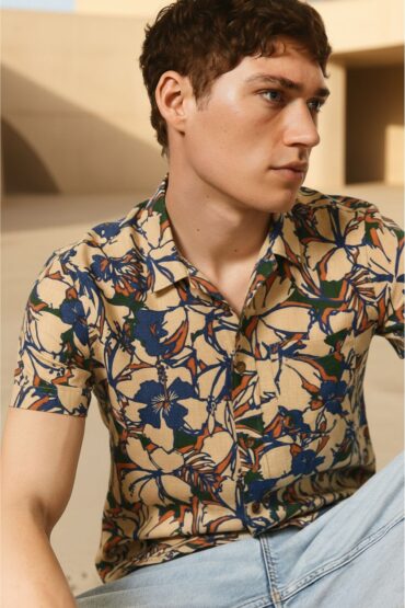 Bold Floral Print Peach Men's Shirt