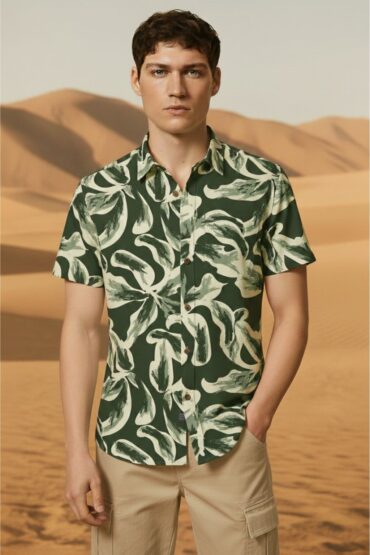 Dark Green Cotton Linen Beach Shirt
