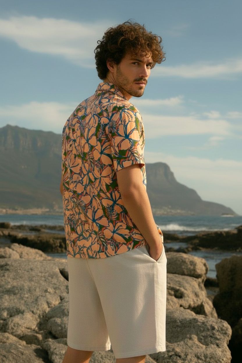 Bold Floral Print Peach Men's Shirt - Image 2