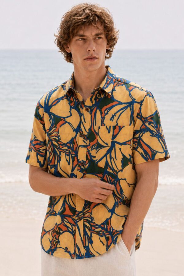 Bold Floral Print Peach Men's Shirt