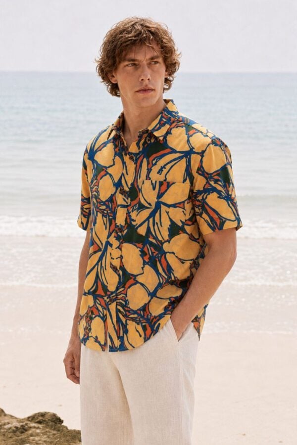 Bold Floral Print Peach Men's Shirt