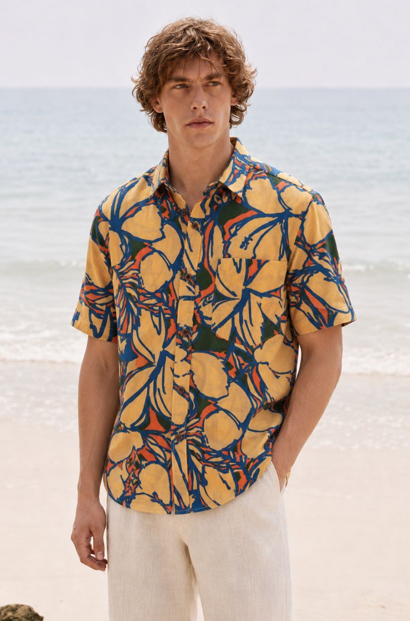 Bold Floral Print Peach Men's Shirt - Image 3