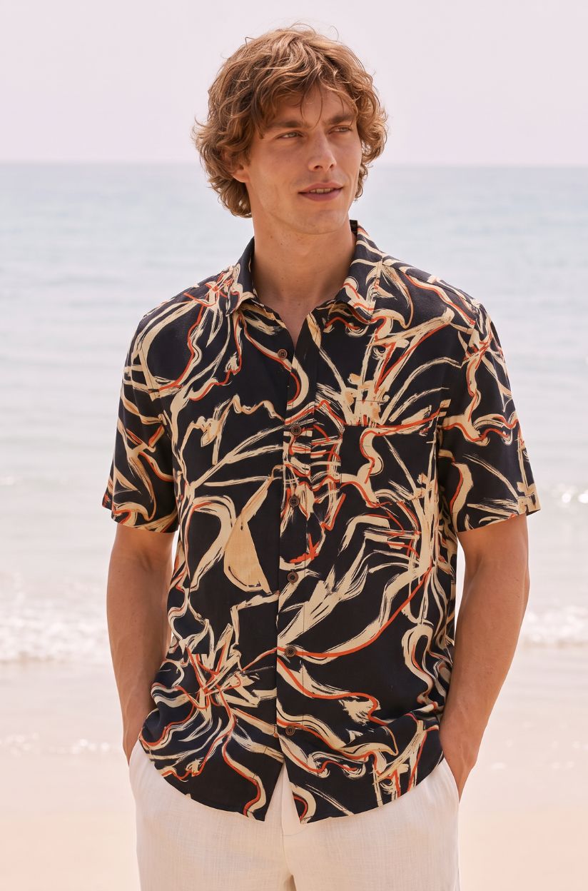 Black Floral Print Shirt for Men - Image 2