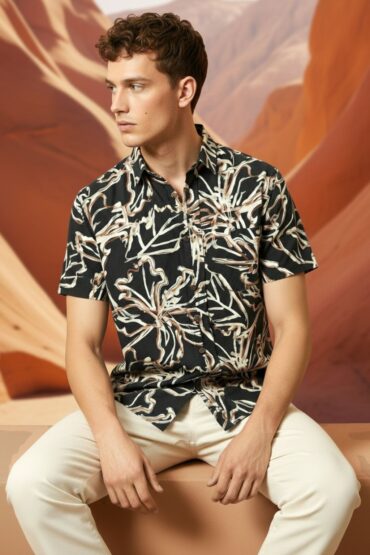 Black Floral Print Shirt for Men