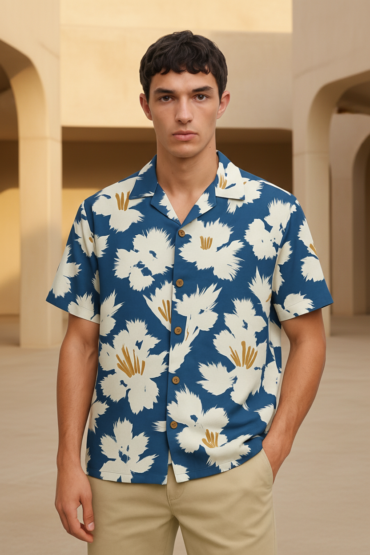Blue Printed Floral Half Cuban Shirt Men
