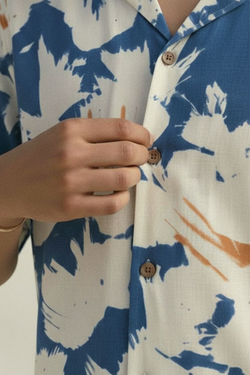 Blue Printed Floral Half Cuban Shirt Men - Image 2