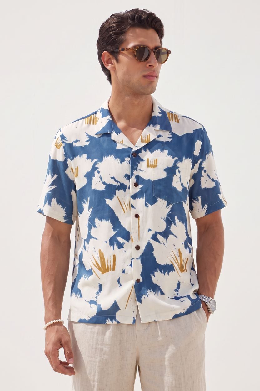 Blue Printed Floral Half Cuban Shirt Men