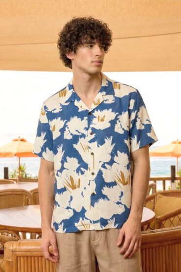 Blue Printed Floral Half Cuban Shirt Men