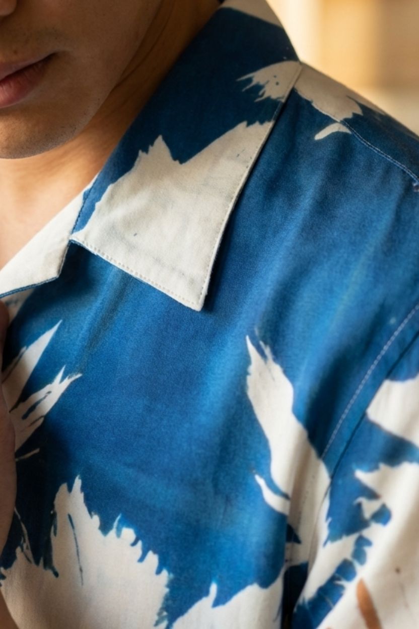 Blue Printed Floral Half Cuban Shirt Men - Image 3