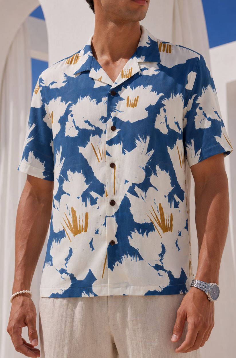 Blue Printed Floral Half Cuban Shirt Men - Image 4