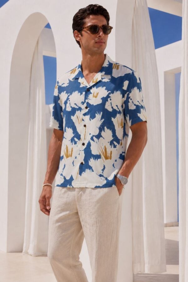 Blue Printed Floral Half Cuban Shirt Men