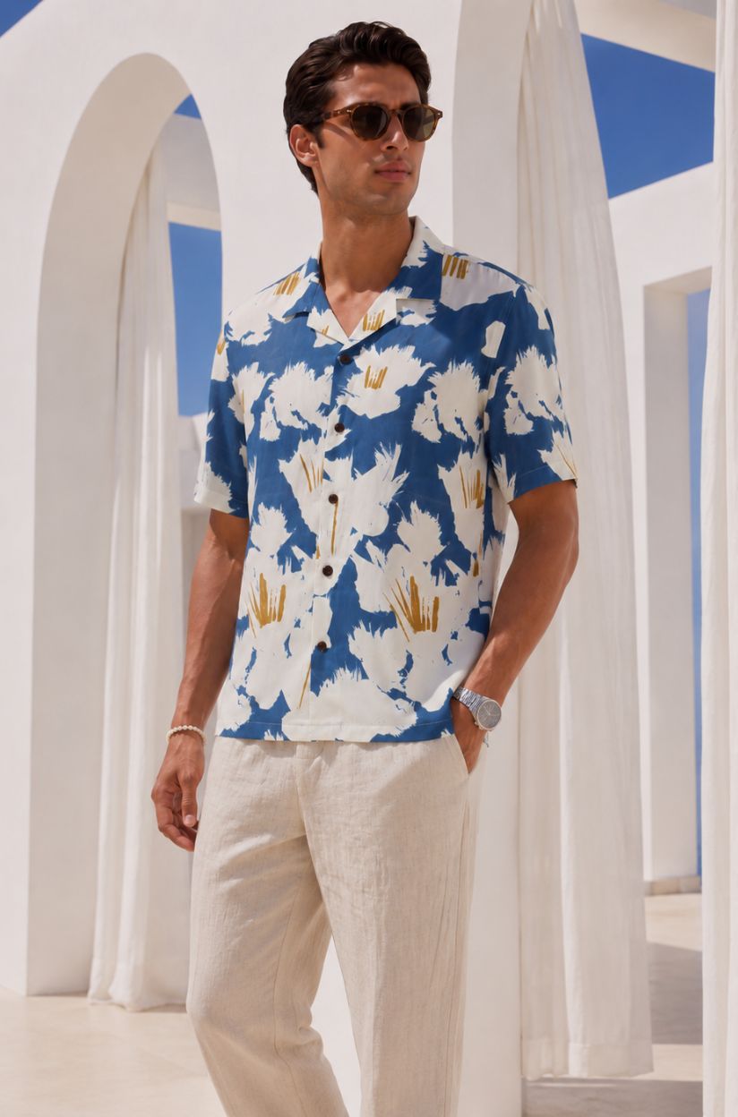 Blue Printed Floral Half Cuban Shirt Men - Image 2