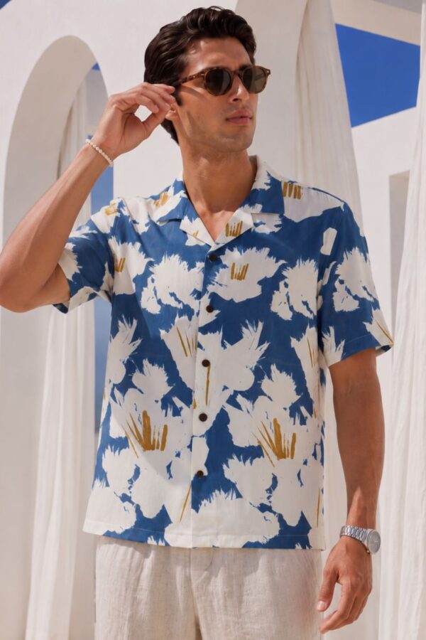 Blue Printed Floral Half Cuban Shirt Men