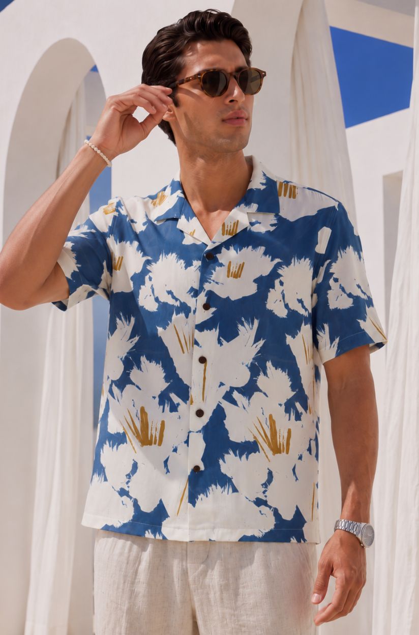 Blue Printed Floral Half Cuban Shirt Men - Image 3