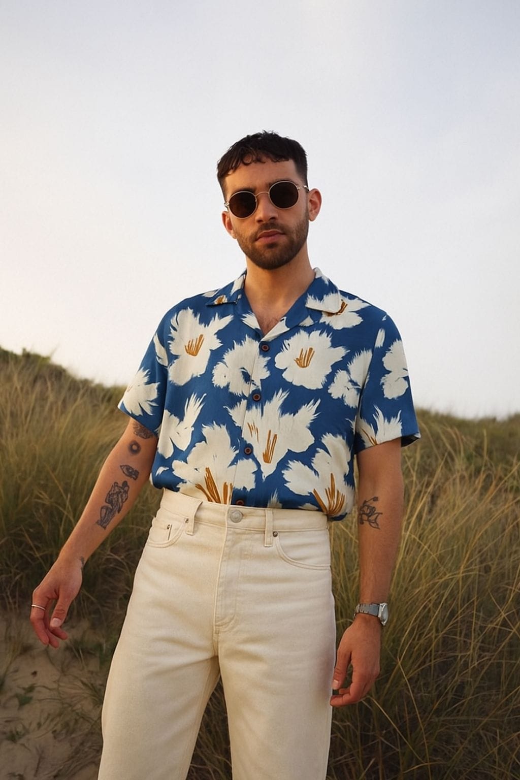 Blue Printed Floral Half Cuban Shirt Men - Image 4