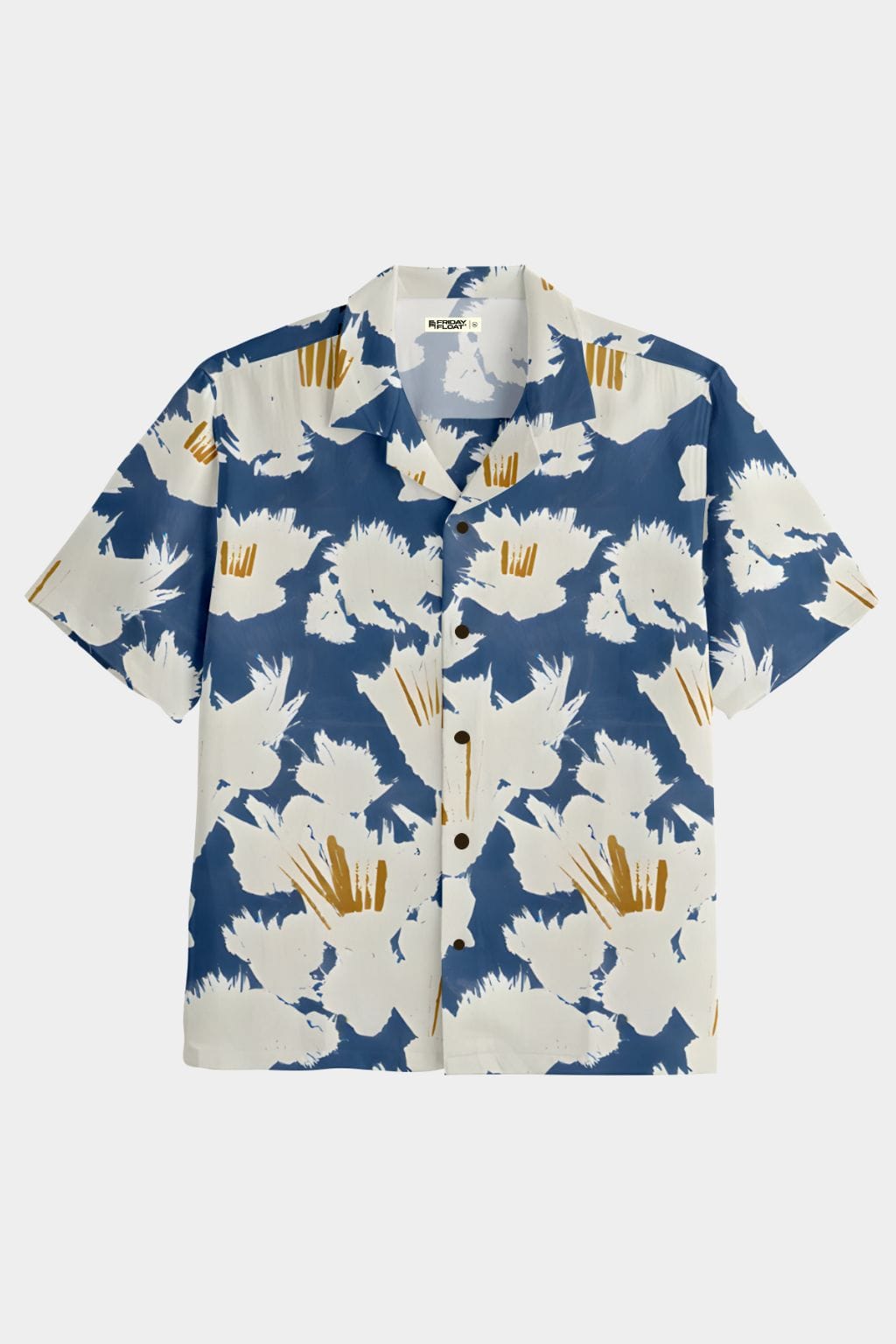Blue Printed Floral Half Cuban Shirt Men - Image 3