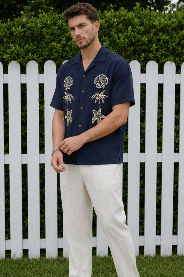 Embroidered Cuban Collar Men's Shirt