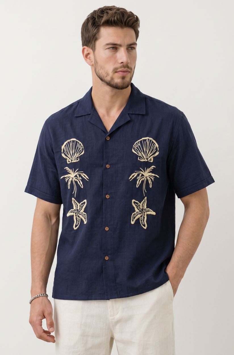 Embroidered Cuban Collar Men's Shirt