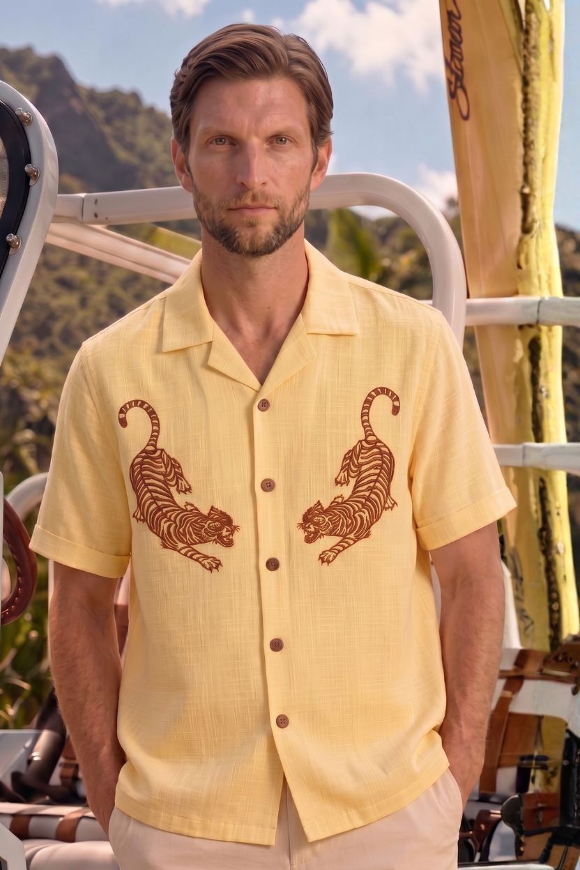 Tiger Embroidery Half Sleeve Shirt for Men