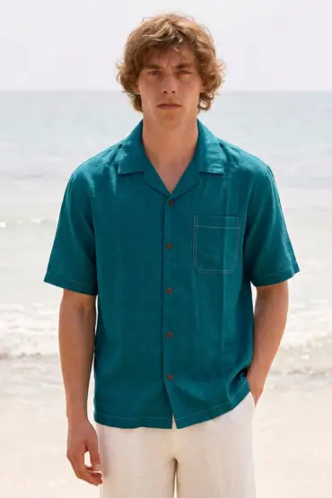 Forest Green Linen Cuban Collar Shirt
