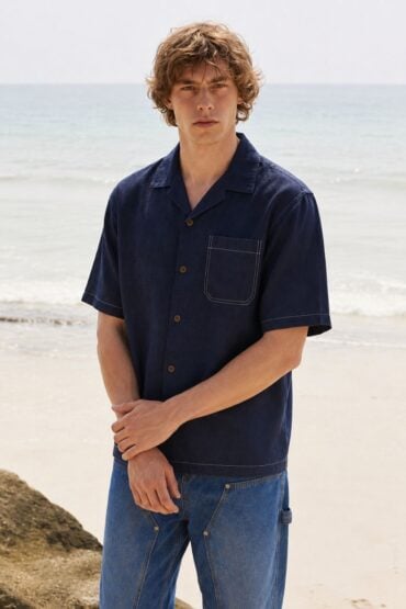 Navy Blue Linen Cuban Collar Shirt