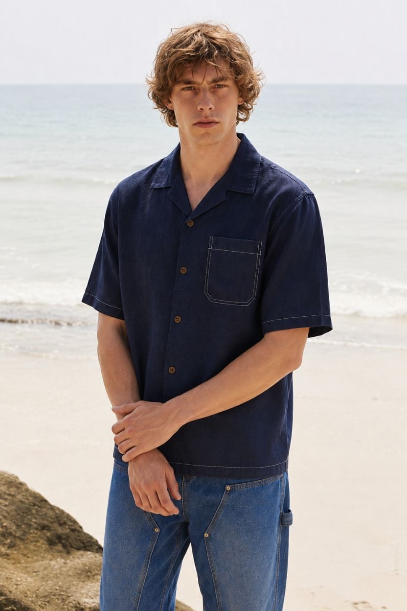 Navy Blue Linen Cuban Collar Shirt