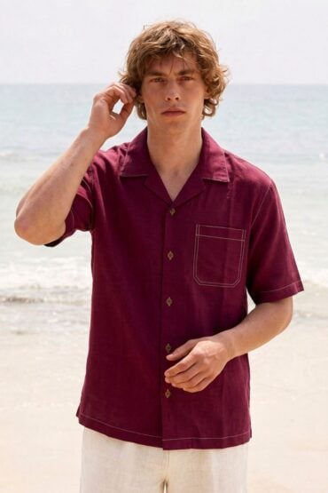 Deep Maroon Linen Cuban Collar Shirt
