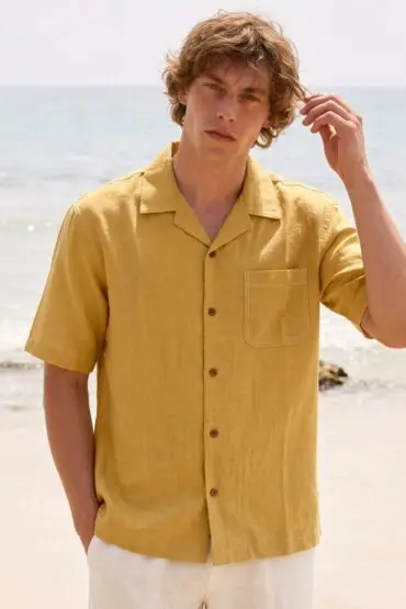 Mustard Beige Linen Cuban Collar Shirt