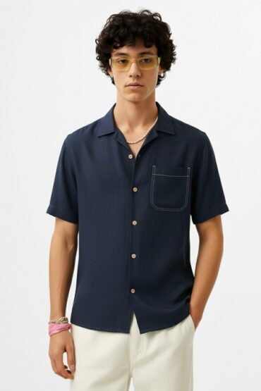 Navy Blue Linen Cuban Collar Shirt