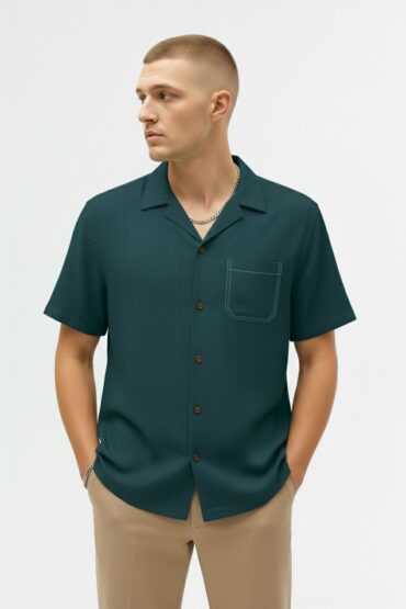 Forest Green Linen Cuban Collar Shirt