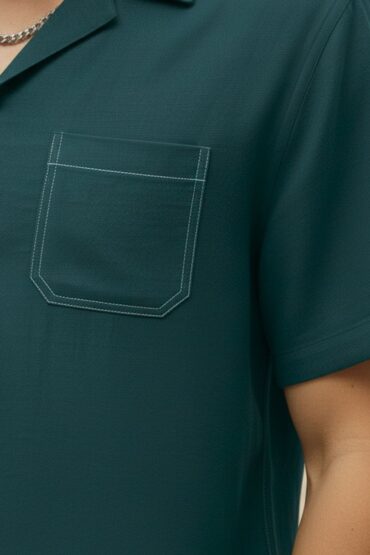 Forest Green Linen Cuban Collar Shirt