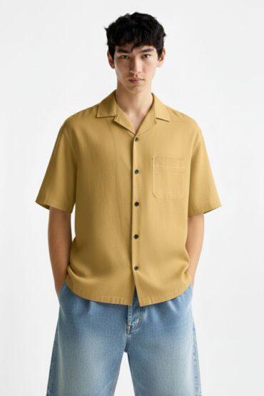 Mustard Beige Linen Cuban Collar Shirt