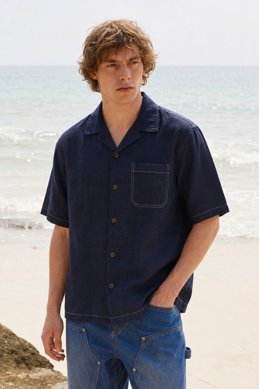 Navy Blue Linen Cuban Collar Shirt - Image 2