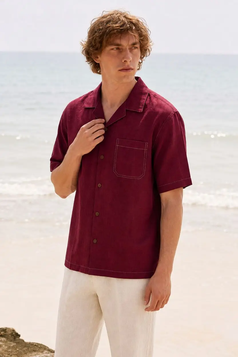 Deep Maroon Linen Cuban Collar Shirt - Image 2