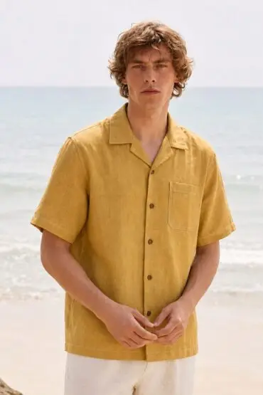 Mustard Beige Linen Cuban Collar Shirt