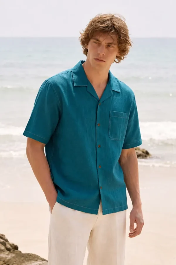 Forest Green Linen Cuban Collar Shirt