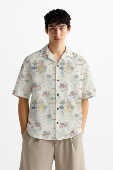 Vintage Boat Print Cuban Collar Shirt