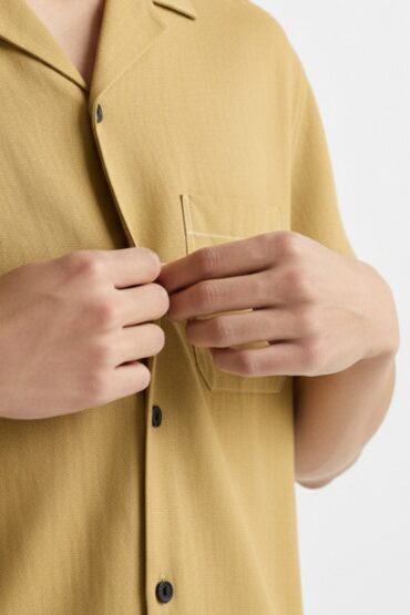 Mustard Beige Linen Cuban Collar Shirt