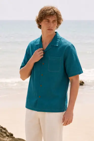 Forest Green Linen Cuban Collar Shirt