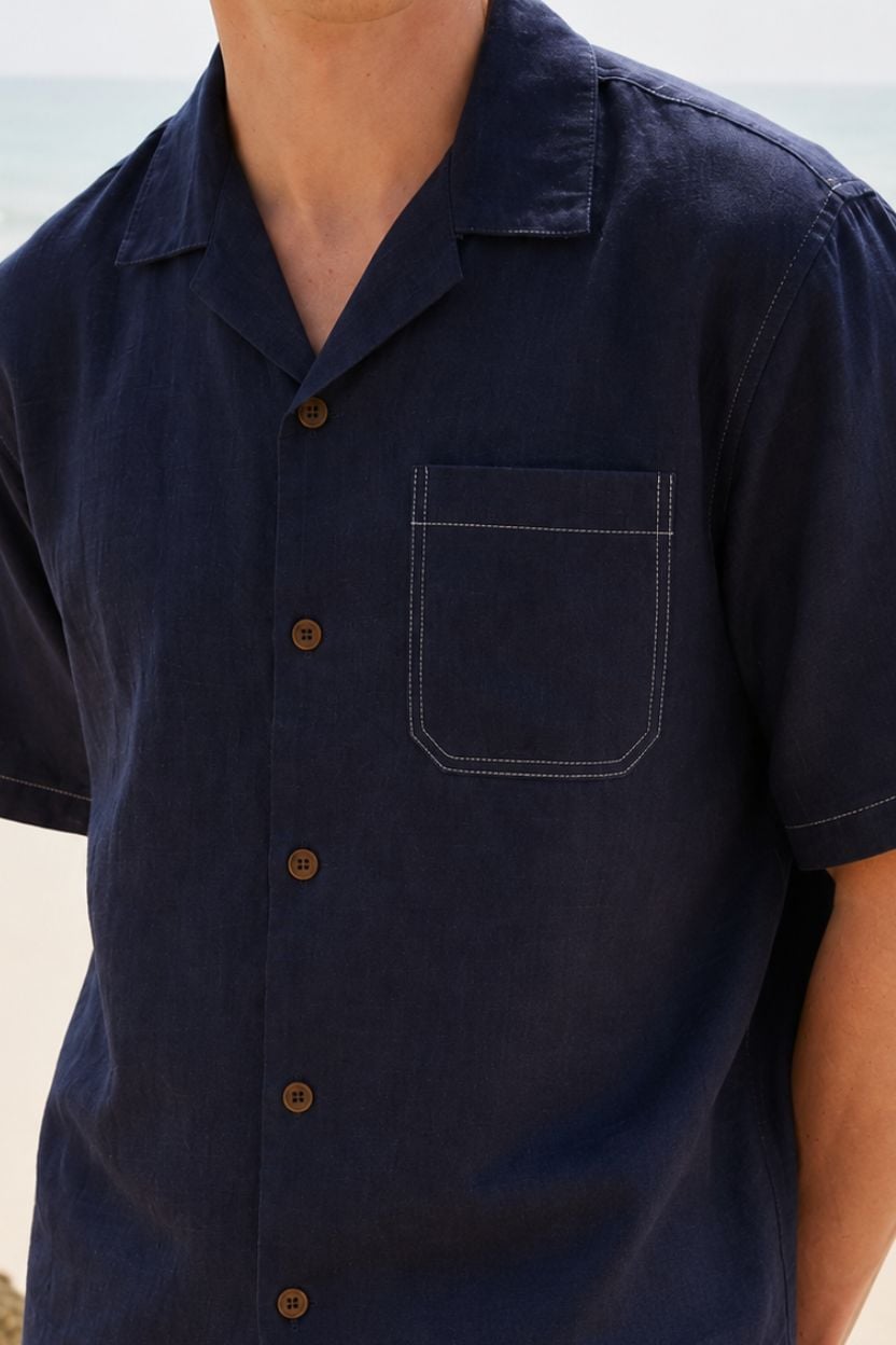 Navy Blue Linen Cuban Collar Shirt - Image 3