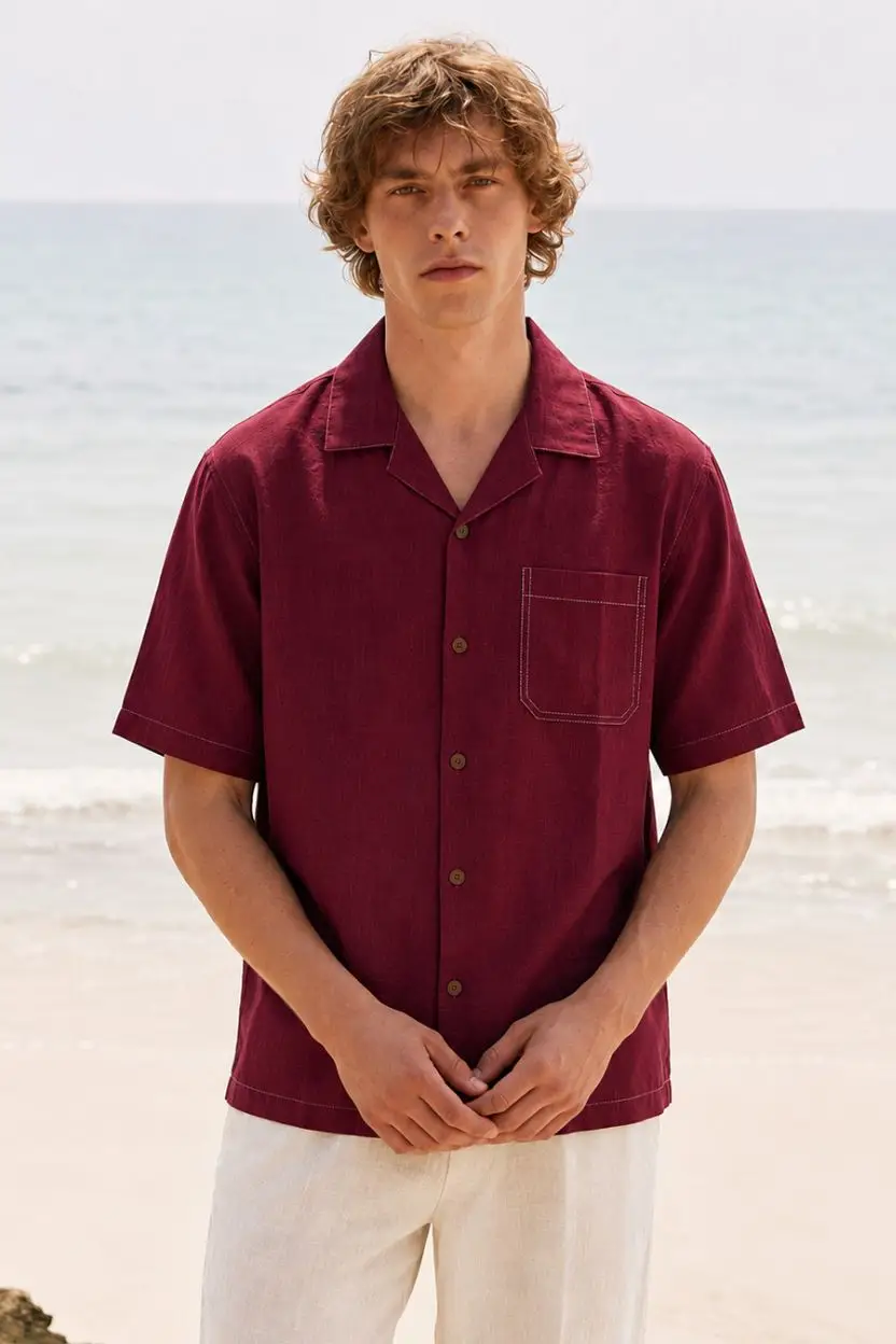Deep Maroon Linen Cuban Collar Shirt - Image 3