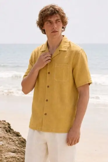 Mustard Beige Linen Cuban Collar Shirt