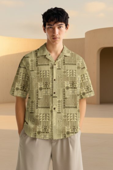 Green Abstract Tribal Print Cuban Collar Shirt