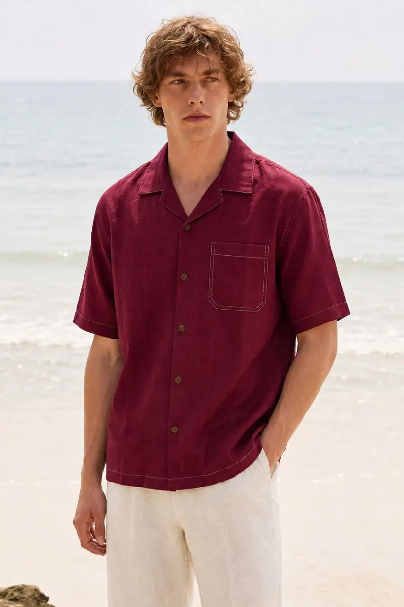 Deep Maroon Linen Cuban Collar Shirt - Image 5