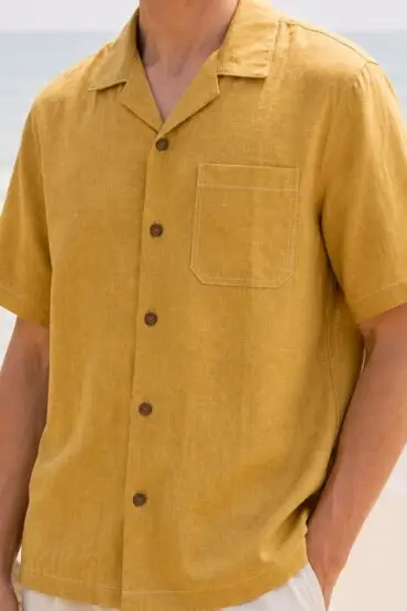 Mustard Beige Linen Cuban Collar Shirt