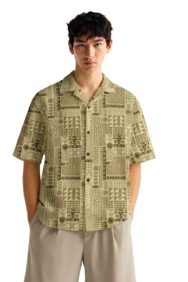 Green Abstract Tribal Print Cuban Collar Shirt