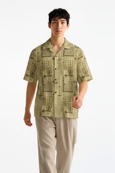 Green Abstract Tribal Print Cuban Collar Shirt
