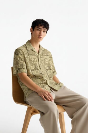 Green Abstract Tribal Print Cuban Collar Shirt