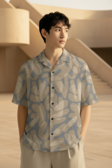 Friday Float Blue and Beige Abstract Cuban Collar Shirt